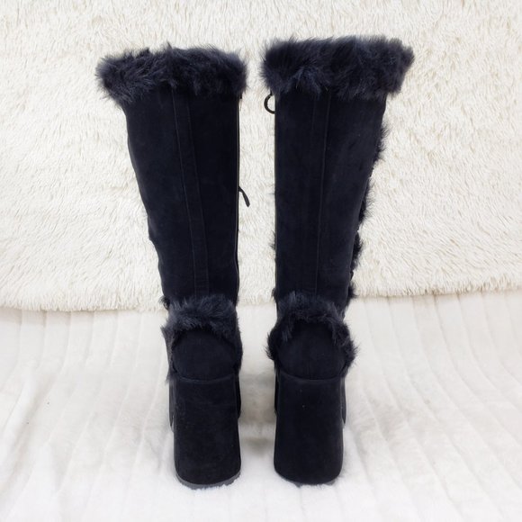 Camel 311 Black furry goth punk Platform Knee Boot - Picture 5 of 10